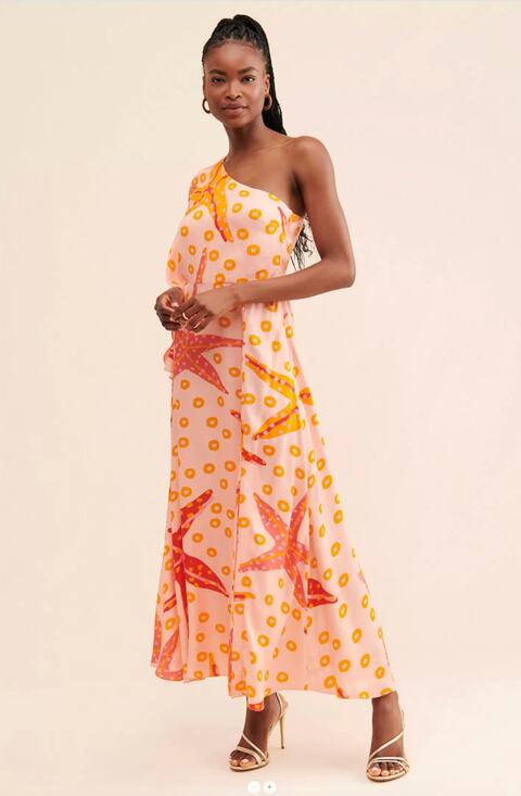 FARM Rio Dresses & Skirts - Farm Rio Anthropologie One Shoulder Starfish Maxi Dress Orange Pink Size Large